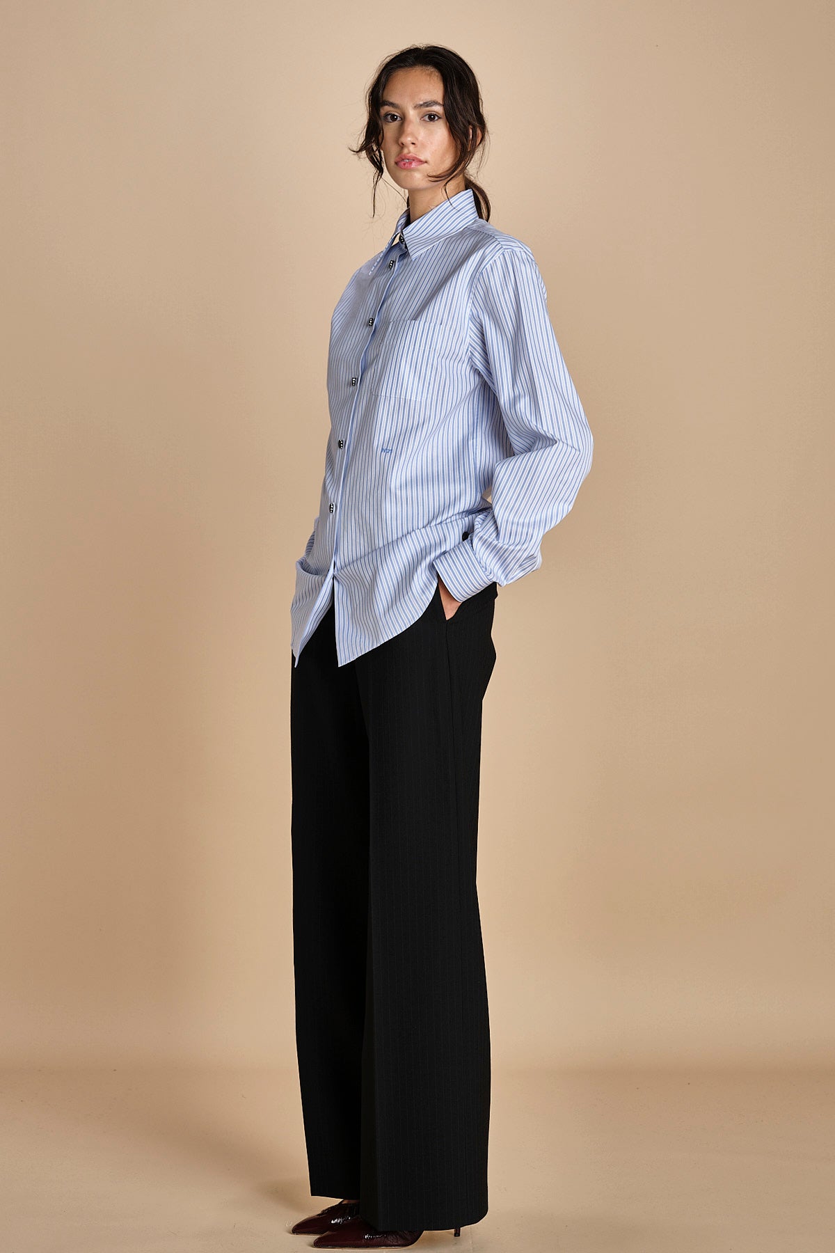 camicia di cotone a righe G022-1519-R1D1 AZZURRO n21 