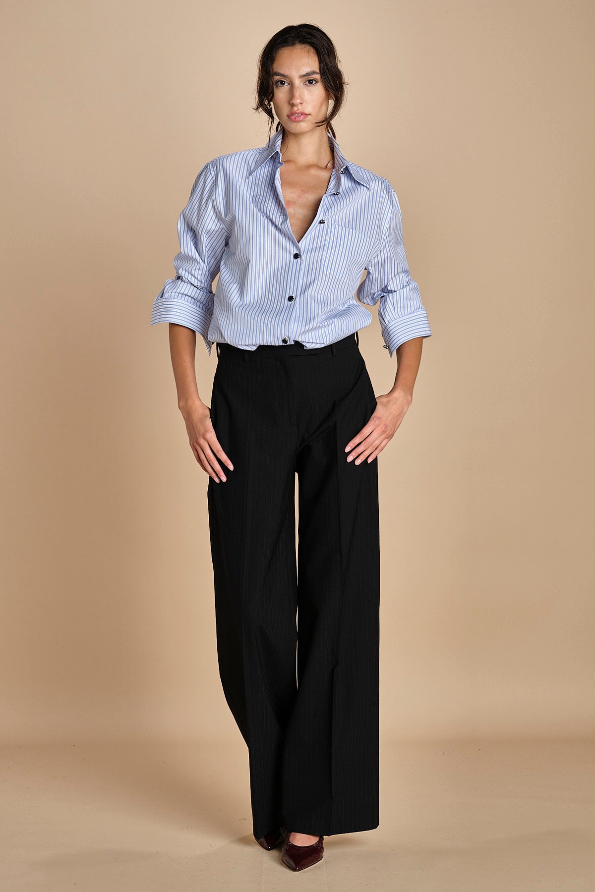 camicia di cotone a righe G022-1519-R1D1 AZZURRO n21 