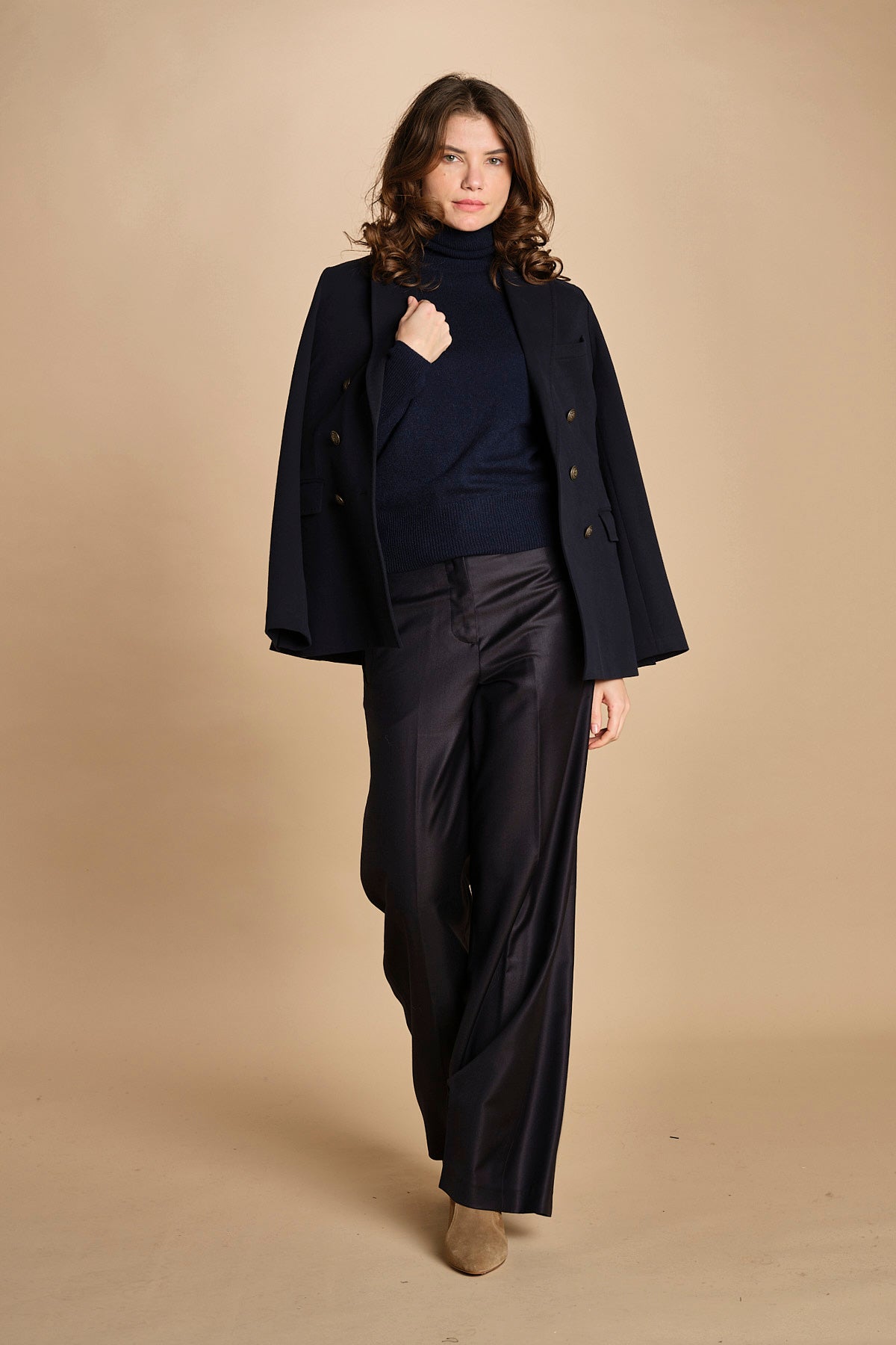 pantalone a vita bassa con elastico in lana e seta. ASTRID STR02 NAVY nine in the morning 