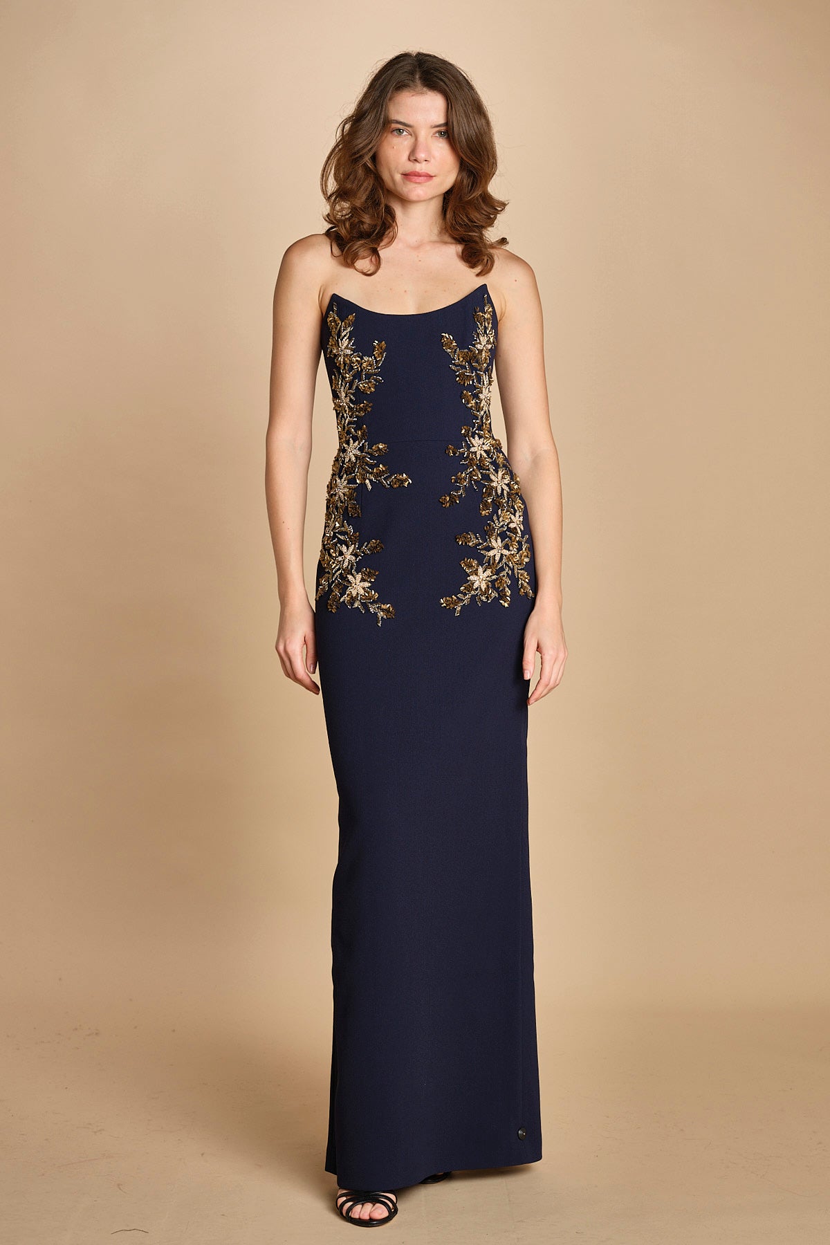 tubino lungo scollo punta ricamo fiore. RVBR-1190 NAVY rebecca vallance 