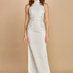 abito lungo collo alto con ricamo fiori. RVBR-1198 IVORY rebecca vallance 