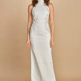 abito lungo collo alto con ricamo fiori. RVBR-1198 IVORY rebecca vallance 