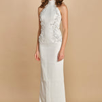 abito lungo collo alto con ricamo fiori. RVBR-1198 IVORY rebecca vallance 