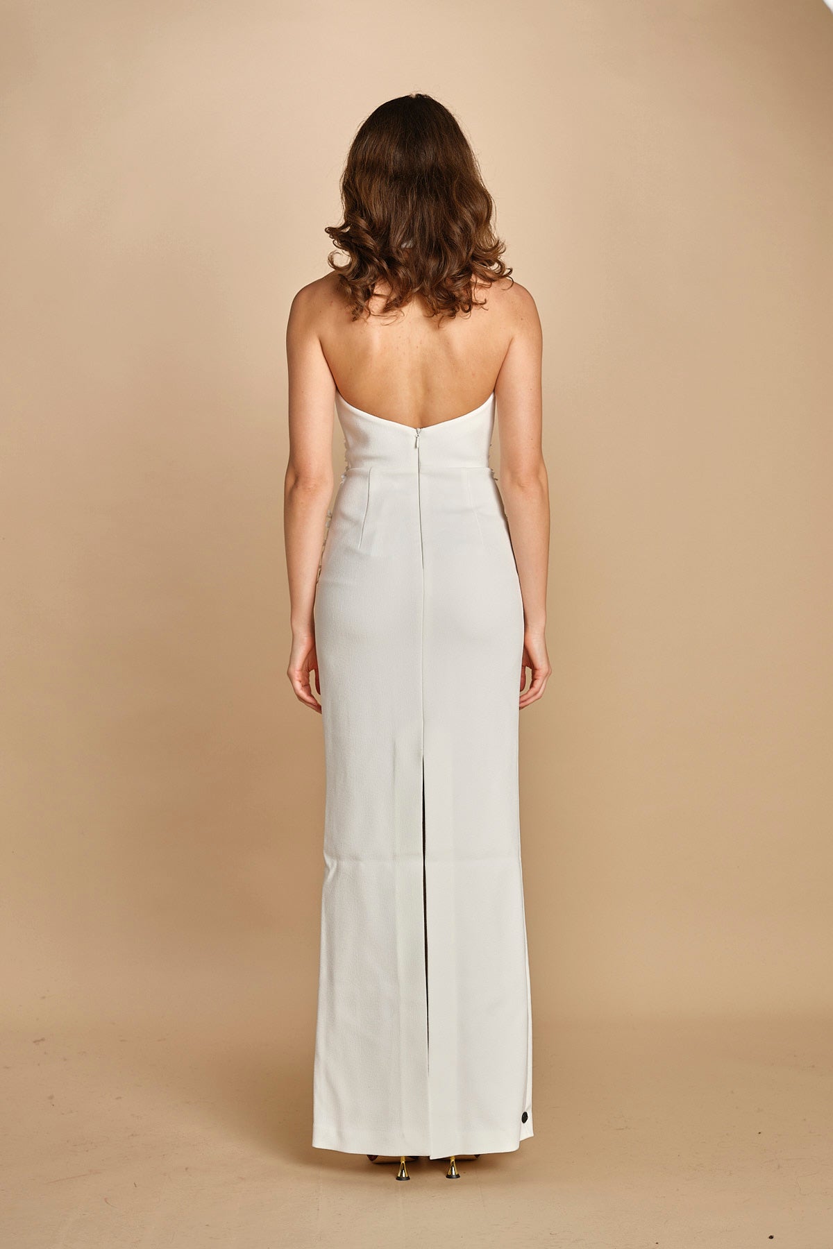 abito lungo collo alto con ricamo fiori. RVBR-1198 IVORY rebecca vallance 