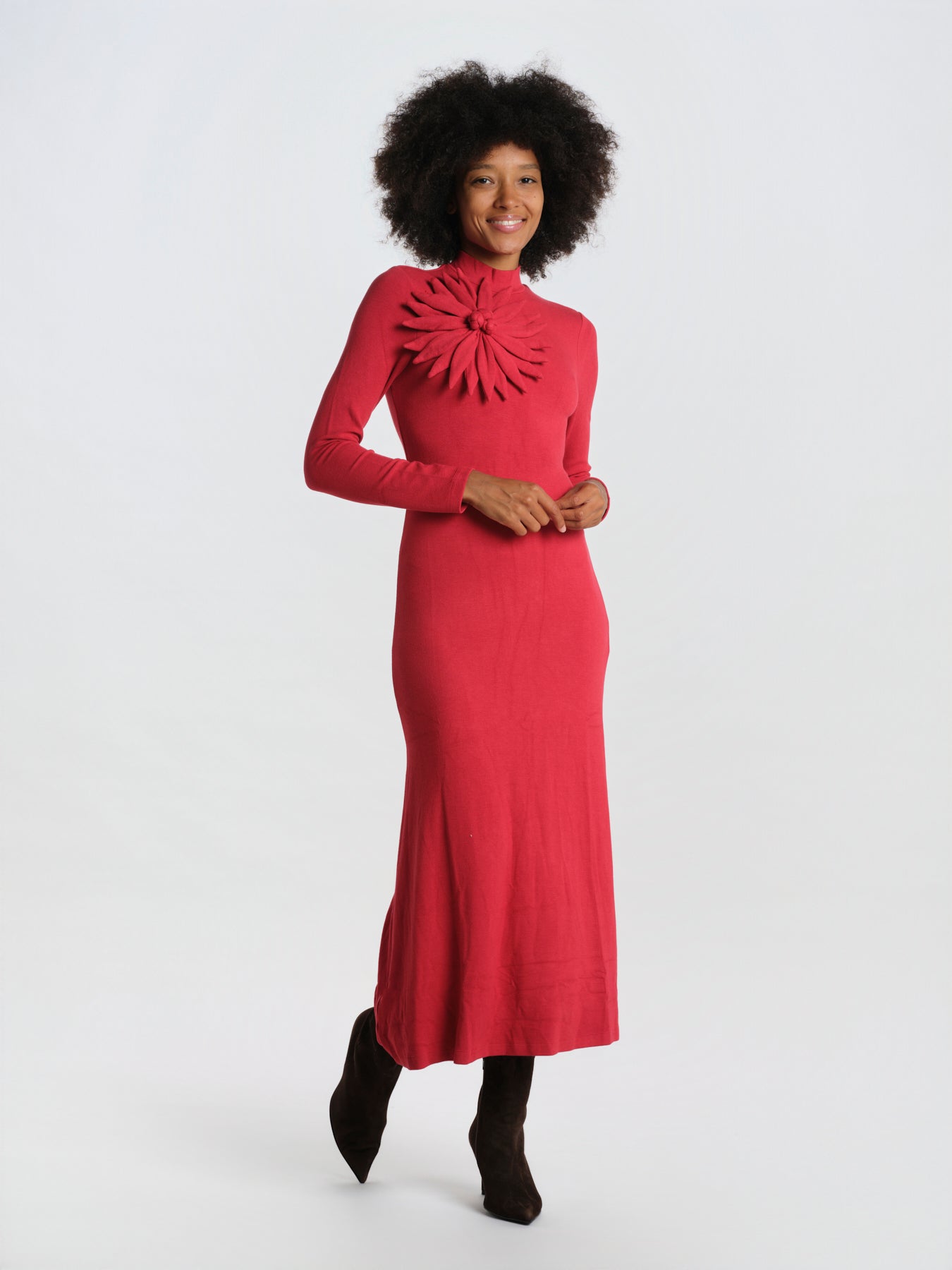 RED LONG SLEEVE FLOWER abito lungo fiore applicato 362356 L0028 farm rio 