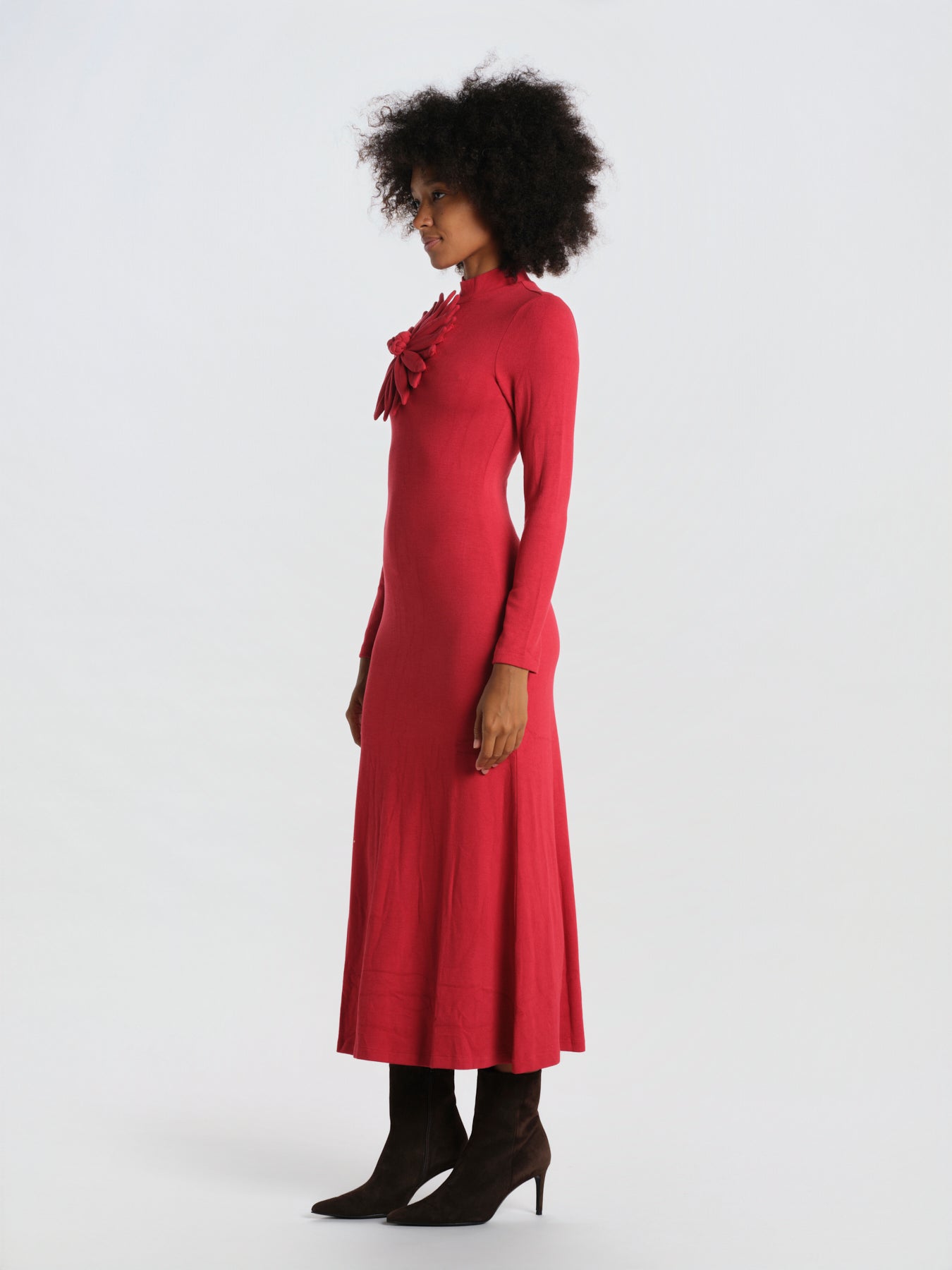 RED LONG SLEEVE FLOWER abito lungo fiore applicato 362356 L0028 farm rio 