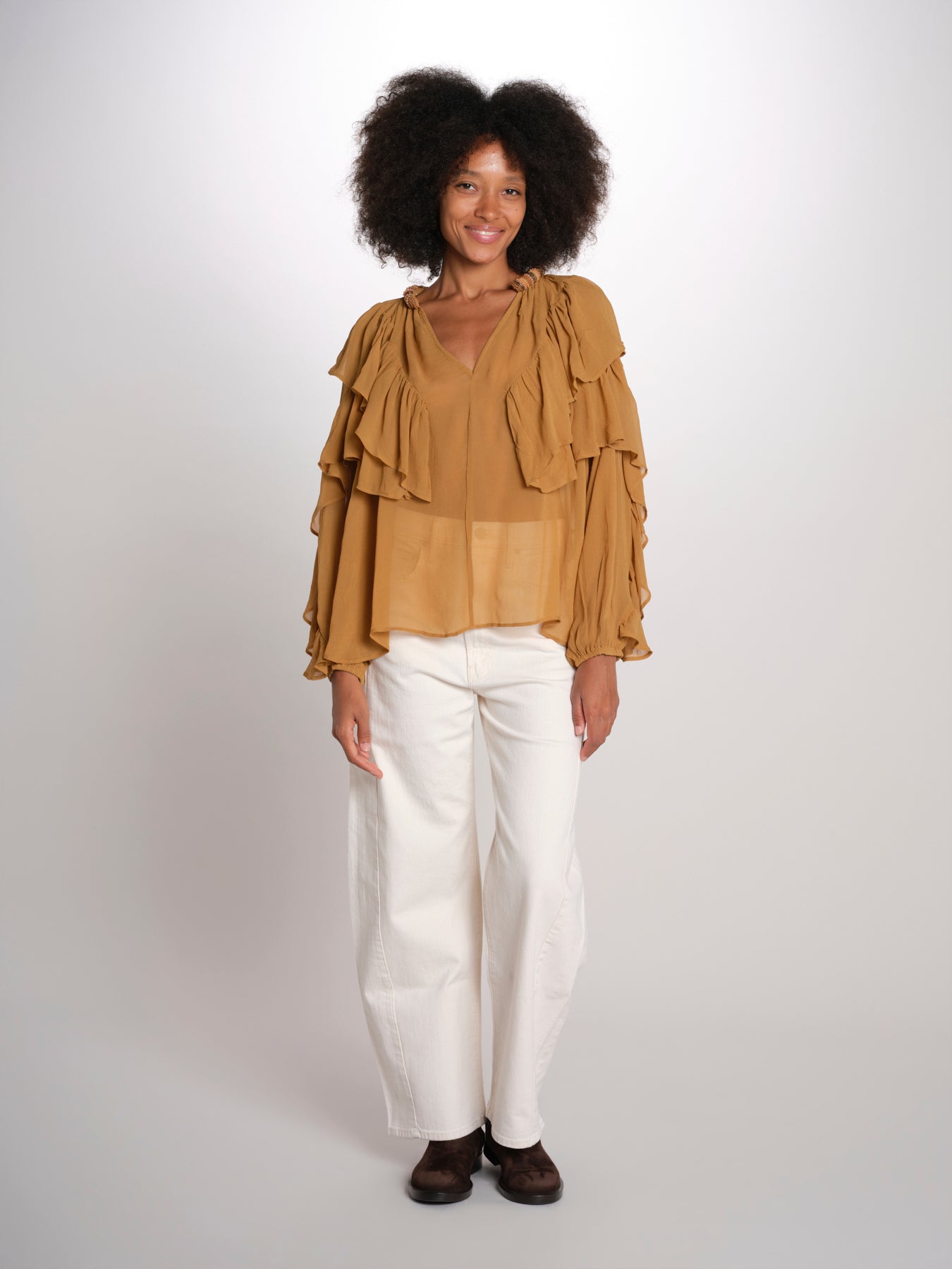 SALONI camicia balze collo perline SP26TM032W011 BROWN scarlett poppies 