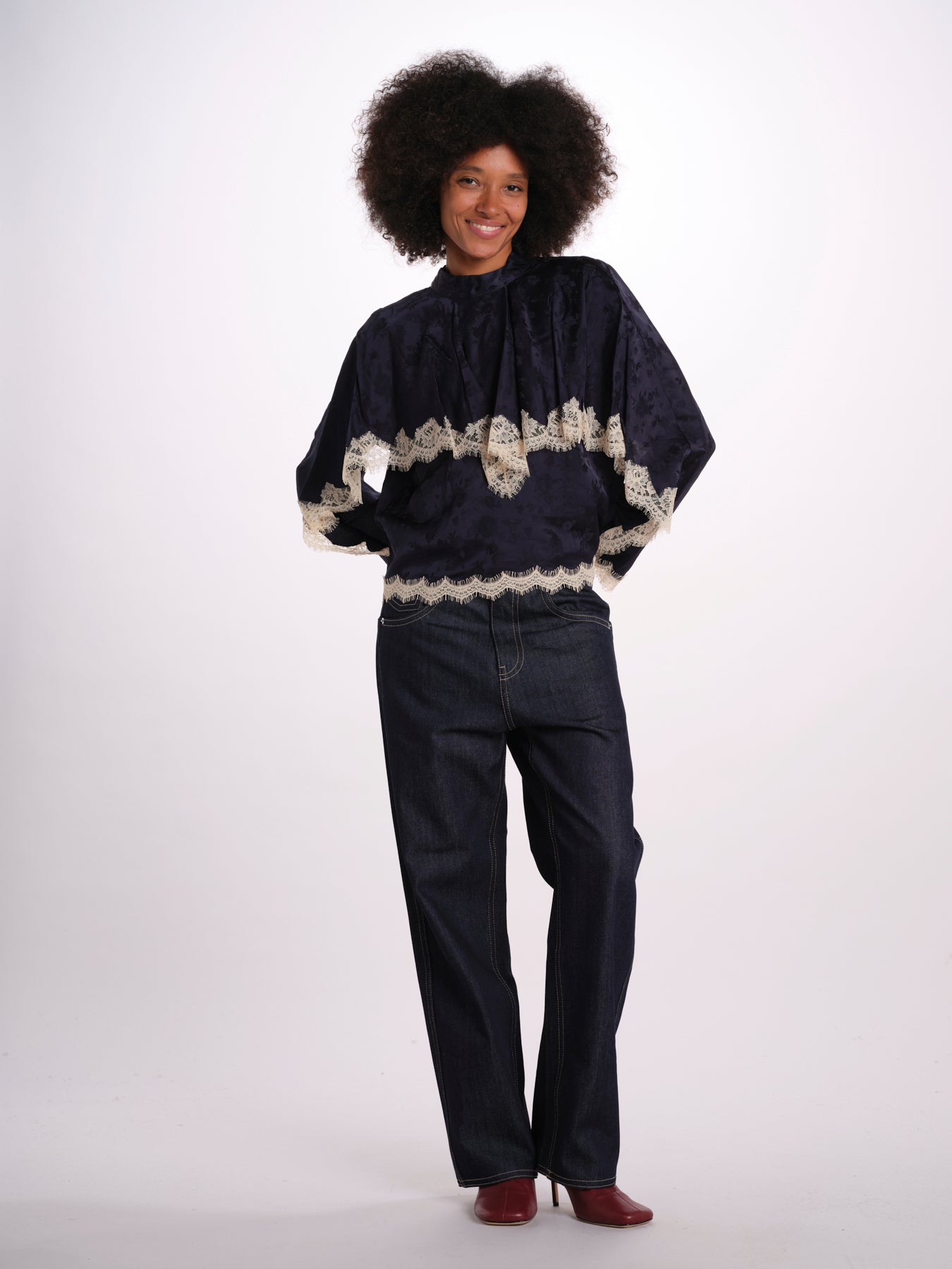 SHAY camicia m/l banda pizzo AW26-136 NAVY sea ny 