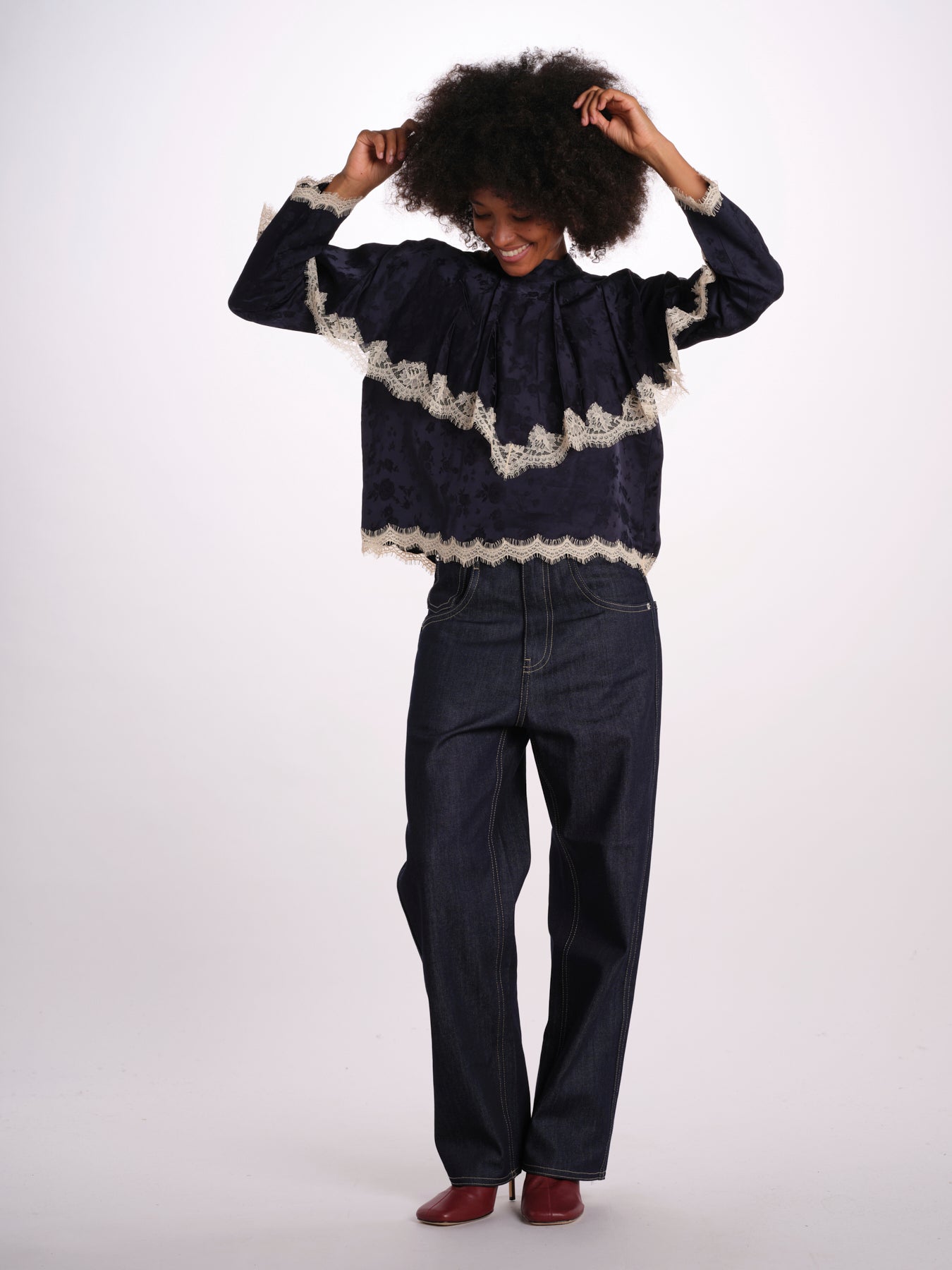 SHAY camicia m/l banda pizzo AW26-136 NAVY sea ny 