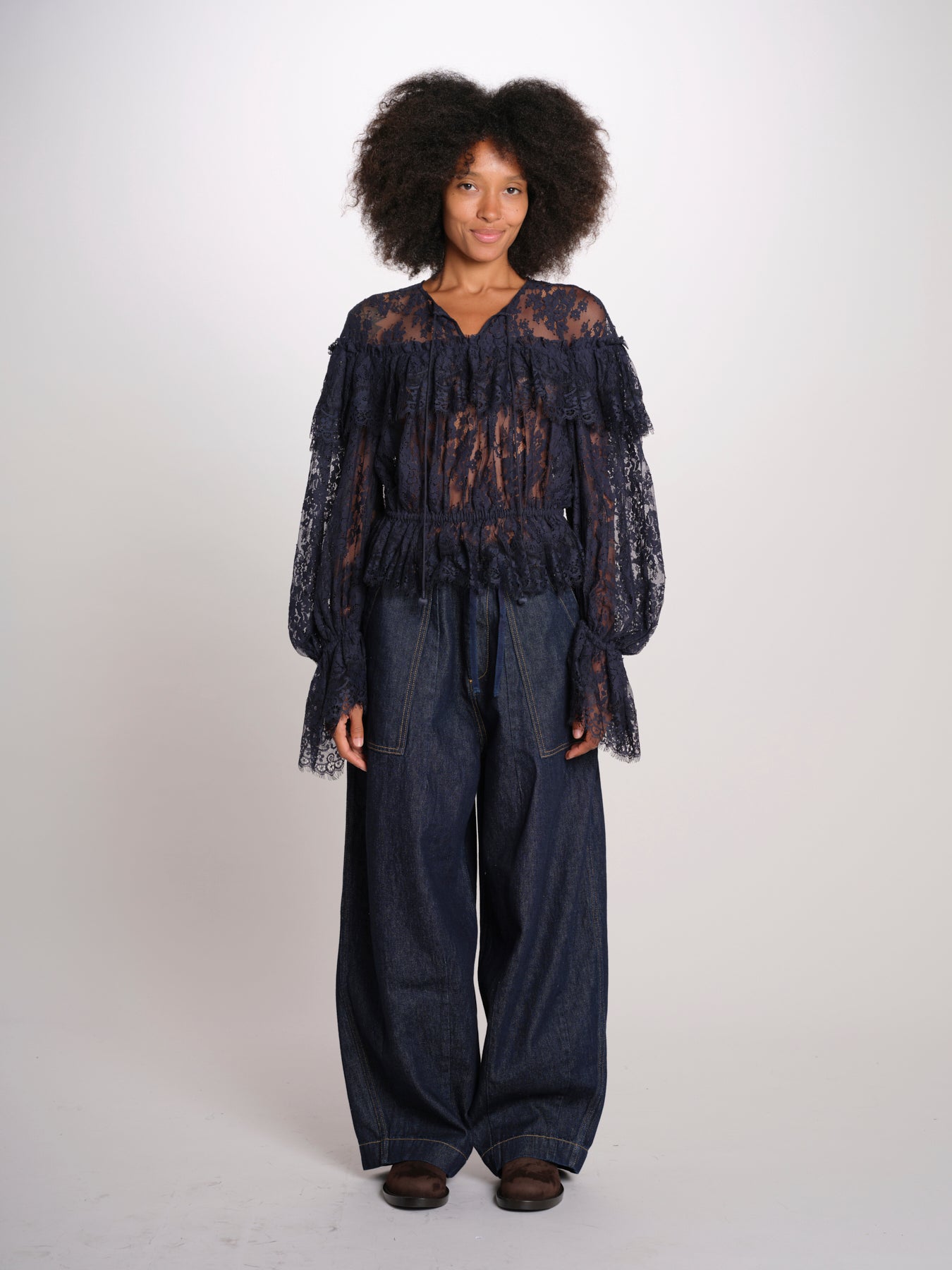 SHARLEEN camicia pizzo con balze PF26-052 NAVY sea ny 