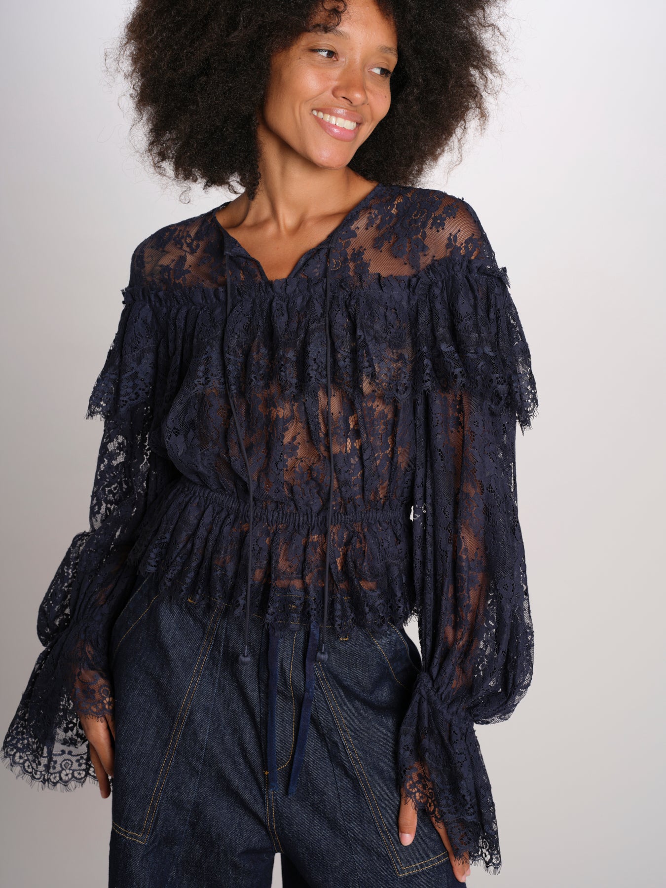 SHARLEEN camicia pizzo con balze PF26-052 NAVY sea ny 