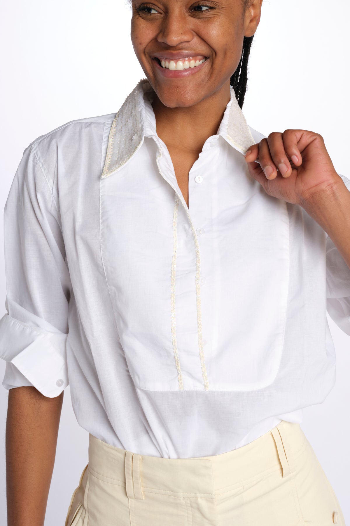 camicia con colletto in pailletes BE24552 WHITE milaura 