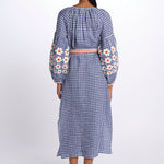 VERONICA MANDAVILLA  abito a quadri con fiori ricamati sulla manica by milaura. BE24913DRESS BLU benaras soleil 
