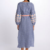 VERONICA MANDAVILLA  abito a quadri con fiori ricamati sulla manica by milaura. BE24913DRESS BLU benaras soleil 