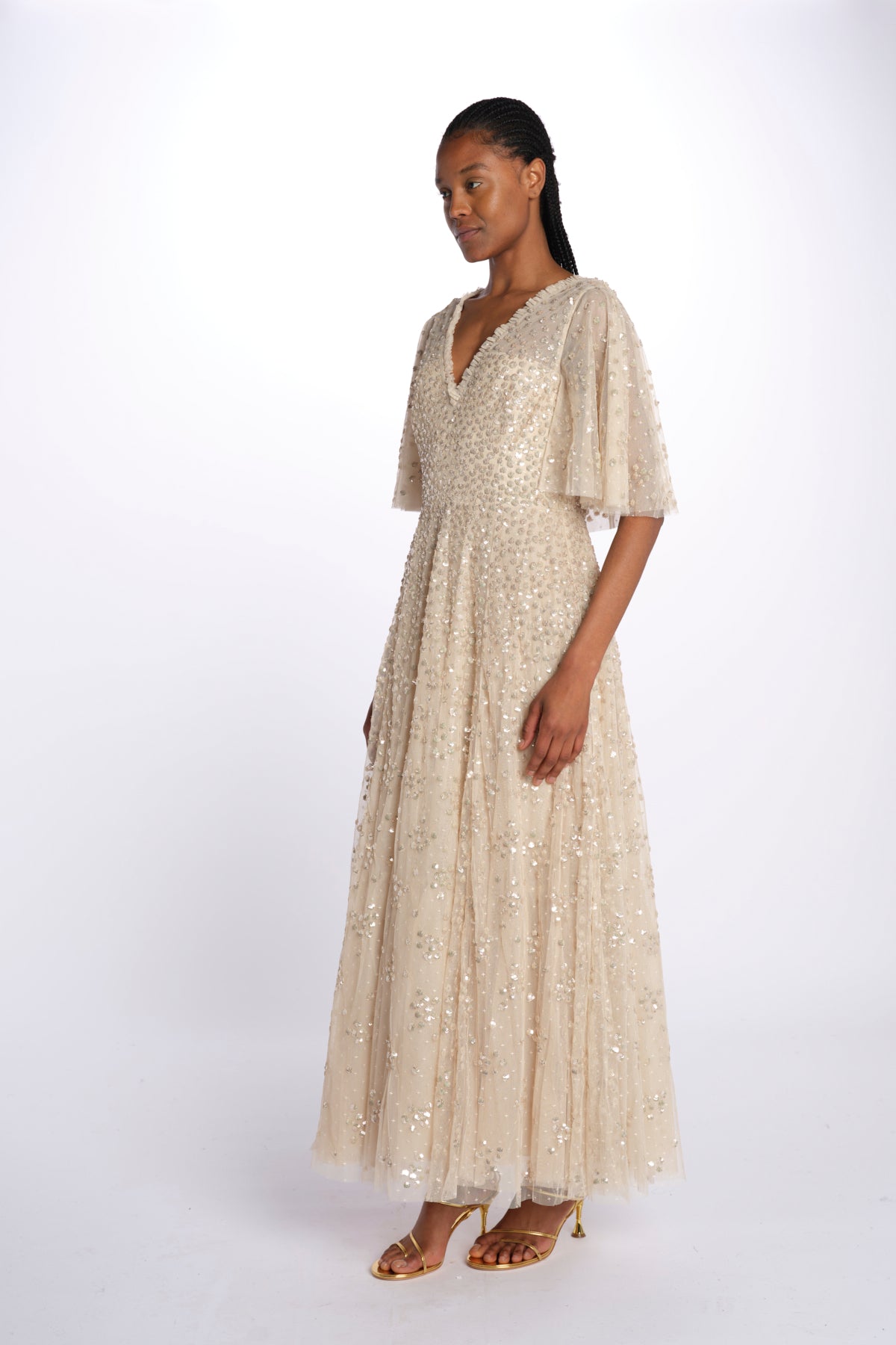 LEILA DOT VNECK abito m/c con paillettes LEILA DOT V-NECK CAPE ANKLE GOWN PARCHMENT needle & tread 