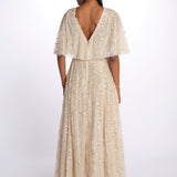 LEILA DOT VNECK abito m/c con paillettes LEILA DOT V-NECK CAPE ANKLE GOWN PARCHMENT needle & tread 