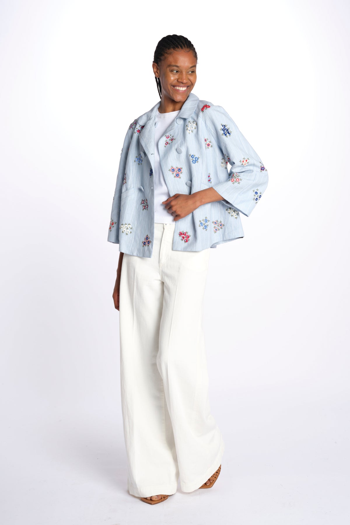 Giacca doppio petto fiori ricamati a mano 7FW 43 BY HAND LIGHT BLUE STRIPE payal pratap 