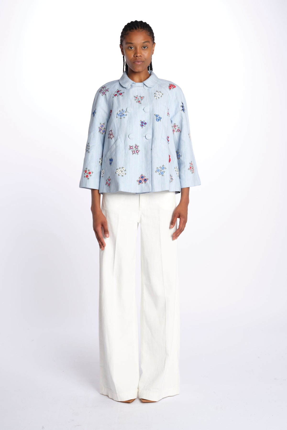 Giacca doppio petto fiori ricamati a mano 7FW 43 BY HAND LIGHT BLUE STRIPE payal pratap 
