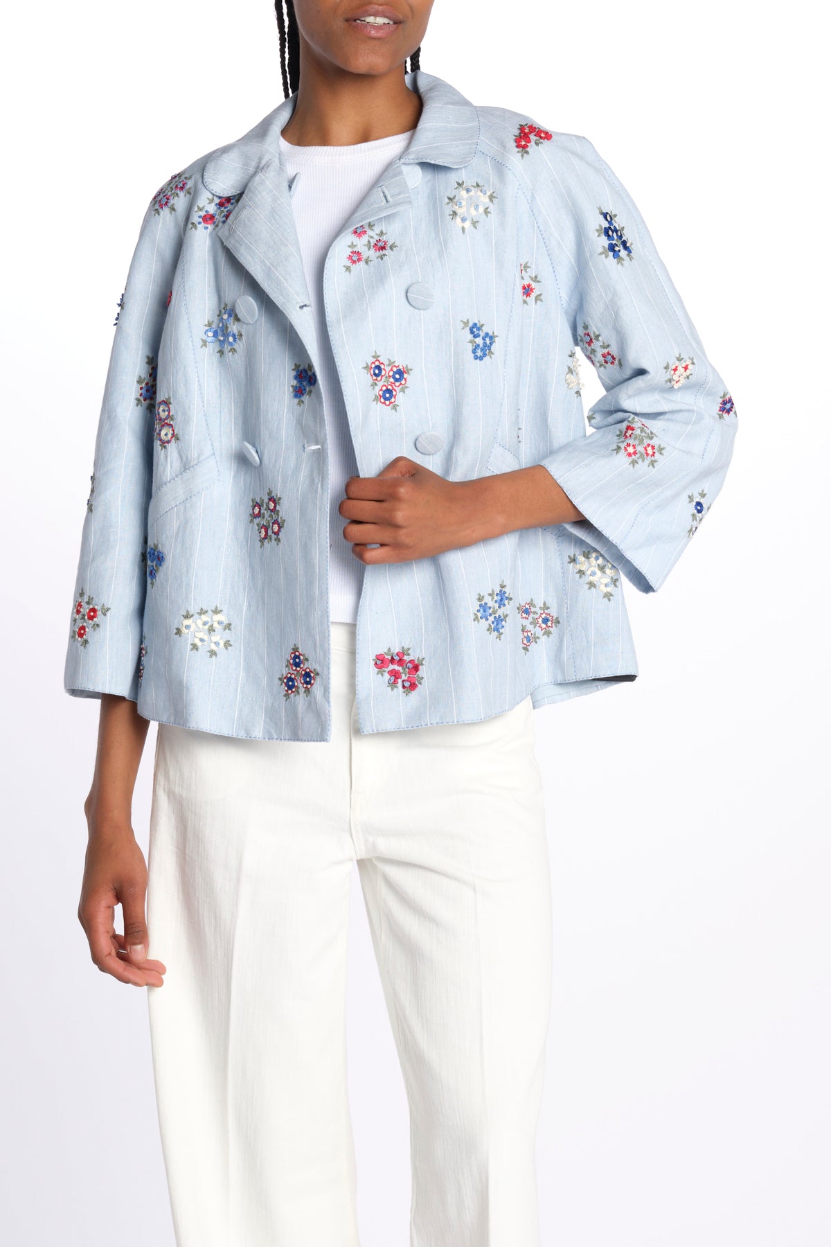 Giacca doppio petto fiori ricamati a mano 7FW 43 BY HAND LIGHT BLUE STRIPE payal pratap 