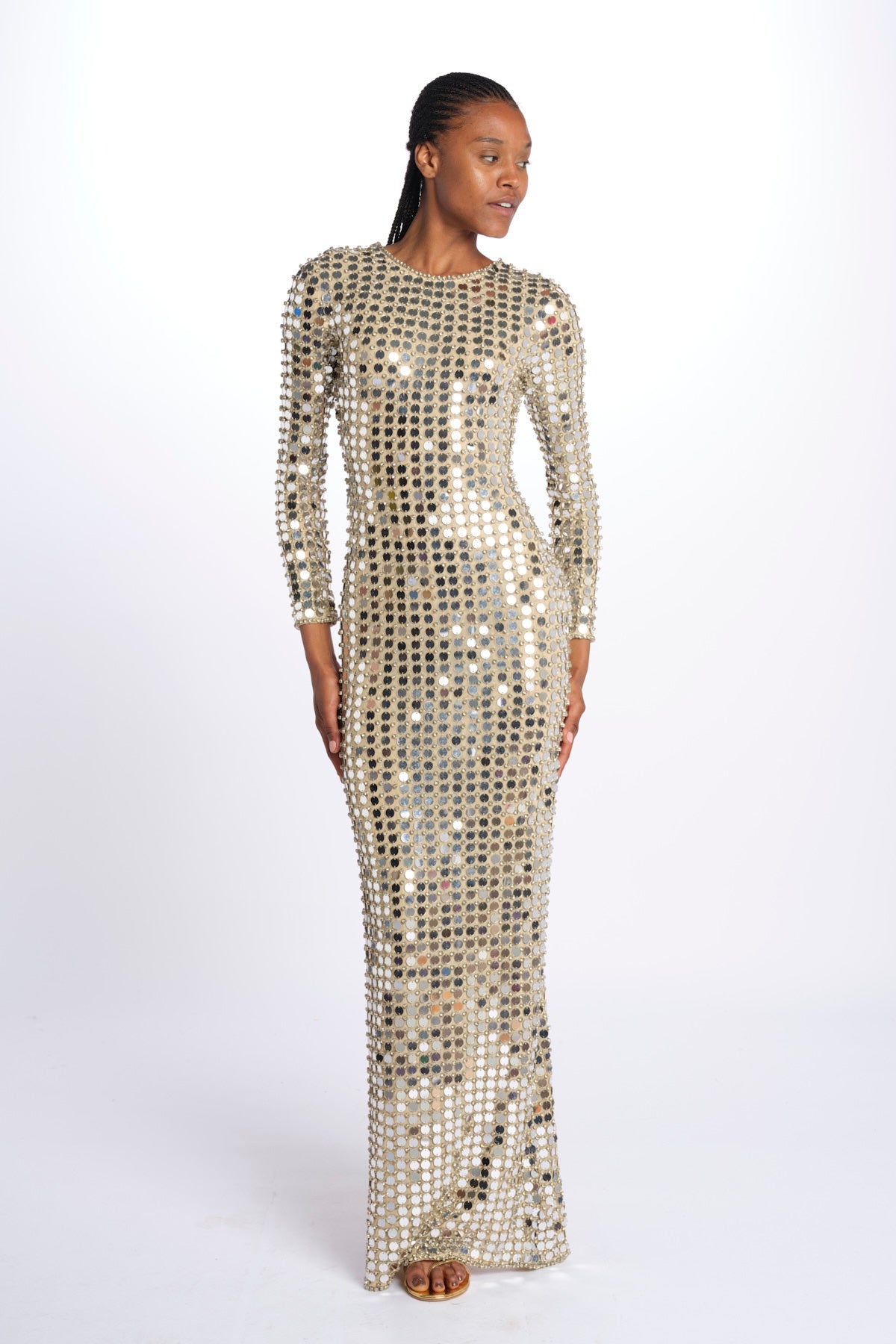 RIALTA abito lungo paillette grande SS24 9178 CHAMPAGNE retrofete 