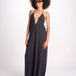 tuta con spalline sottili e incrocio sulla schiena NORA DEEP BLACK amazuìn 