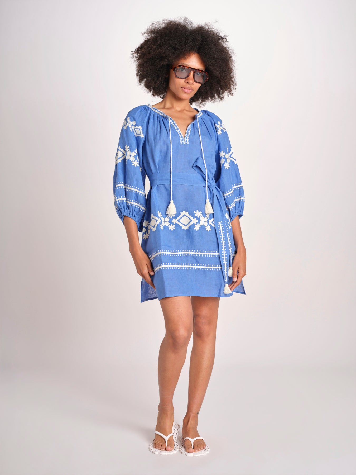 mini abito con ricamo greche BE22222 BLU CORA benaras soleil 