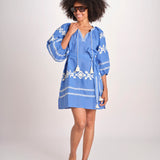 mini abito con ricamo greche BE22222 BLU CORA benaras soleil 