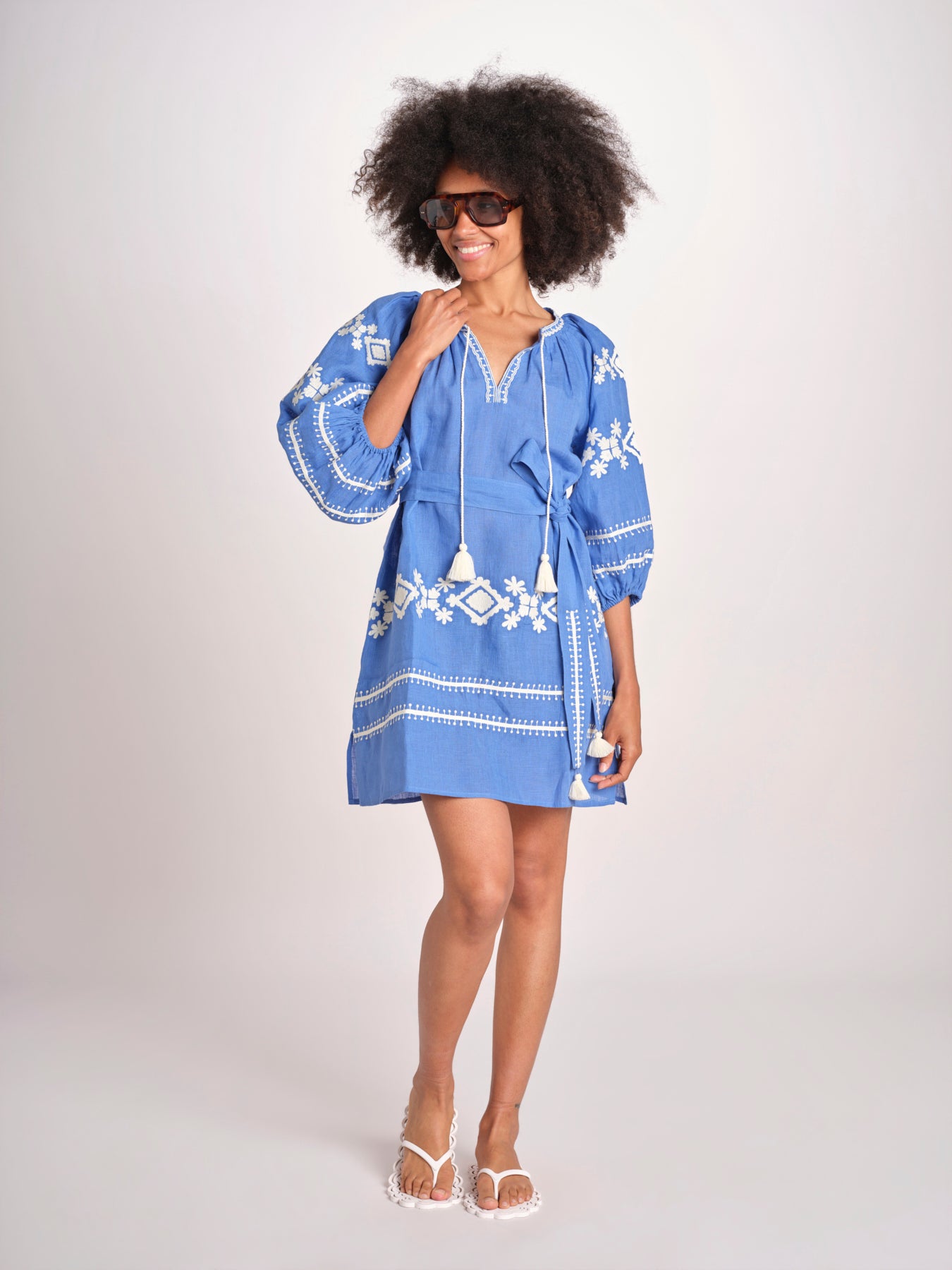 mini abito con ricamo greche BE22222 BLU CORA benaras soleil 