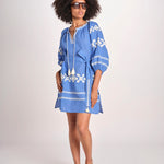 mini abito con ricamo greche BE22222 BLU CORA benaras soleil 