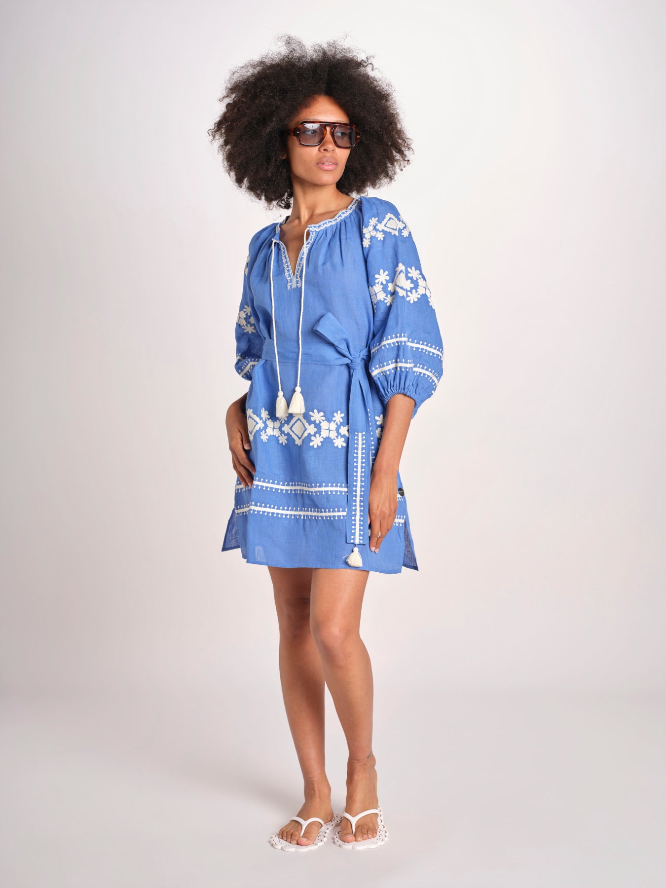 mini abito con ricamo greche BE22222 BLU CORA benaras soleil 