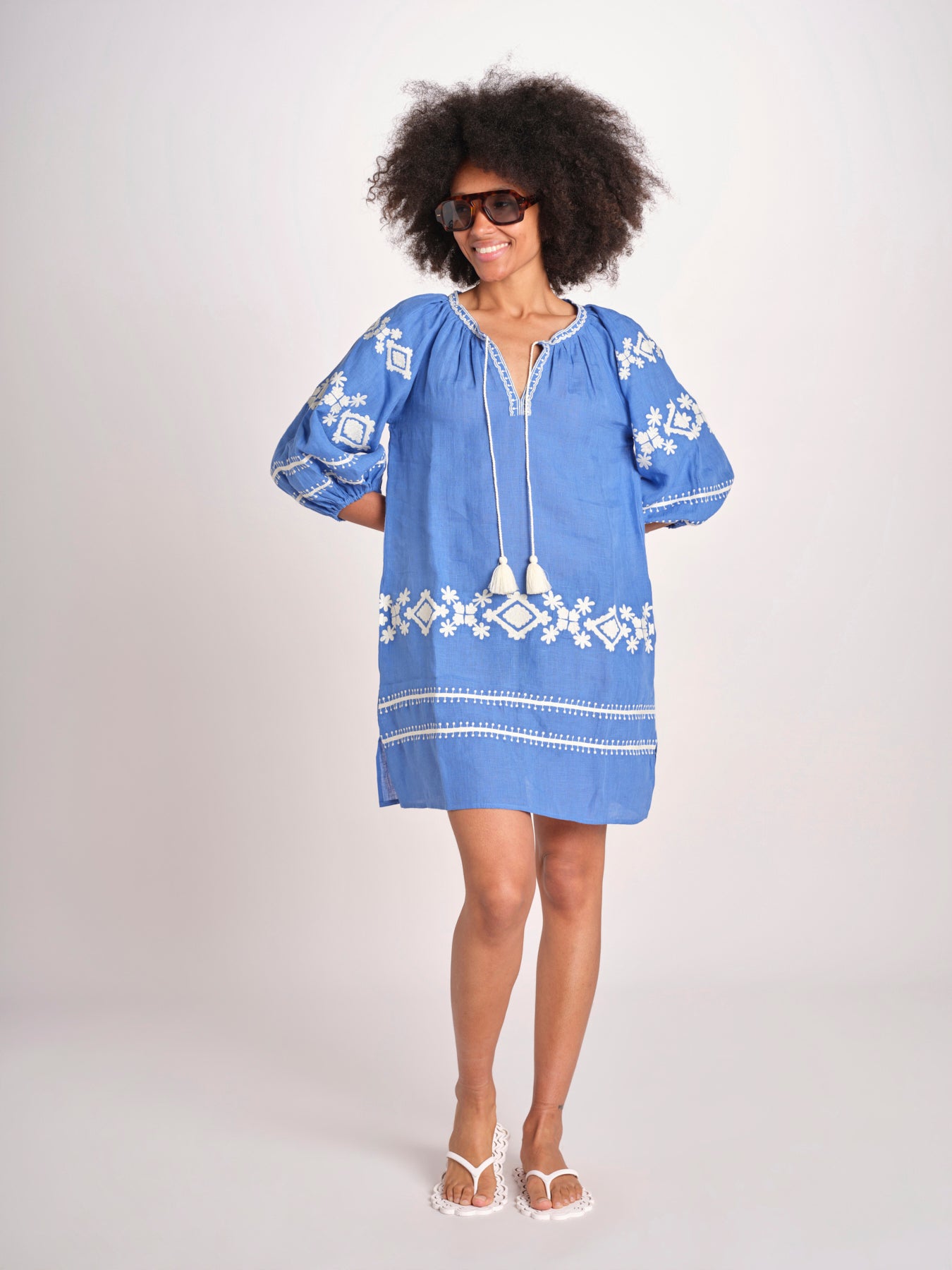 mini abito con ricamo greche BE22222 BLU CORA benaras soleil 