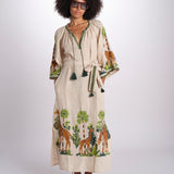caftano lungo con giraffe ricamate BE24868 BEIGE MULTI benaras soleil 