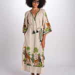 caftano lungo con giraffe ricamate BE24868 BEIGE MULTI benaras soleil 