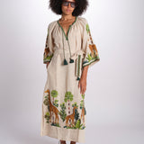 caftano lungo con giraffe ricamate BE24868 BEIGE MULTI benaras soleil 