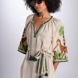 caftano lungo con giraffe ricamate BE24868 BEIGE MULTI benaras soleil 