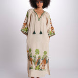 caftano lungo con giraffe ricamate BE24868 BEIGE MULTI benaras soleil 