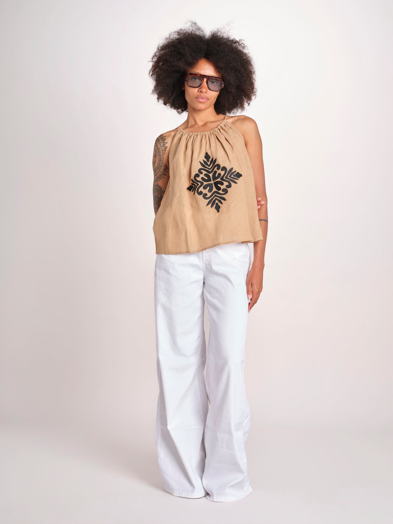 top ricamo greche BE25204 BEIGE BLACK benaras soleil 