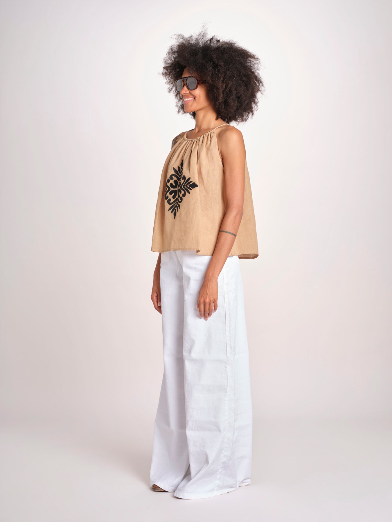 top ricamo greche BE25204 BEIGE BLACK benaras soleil 