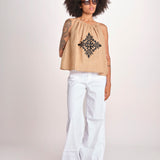 top ricamo greche BE25204 BEIGE BLACK benaras soleil 