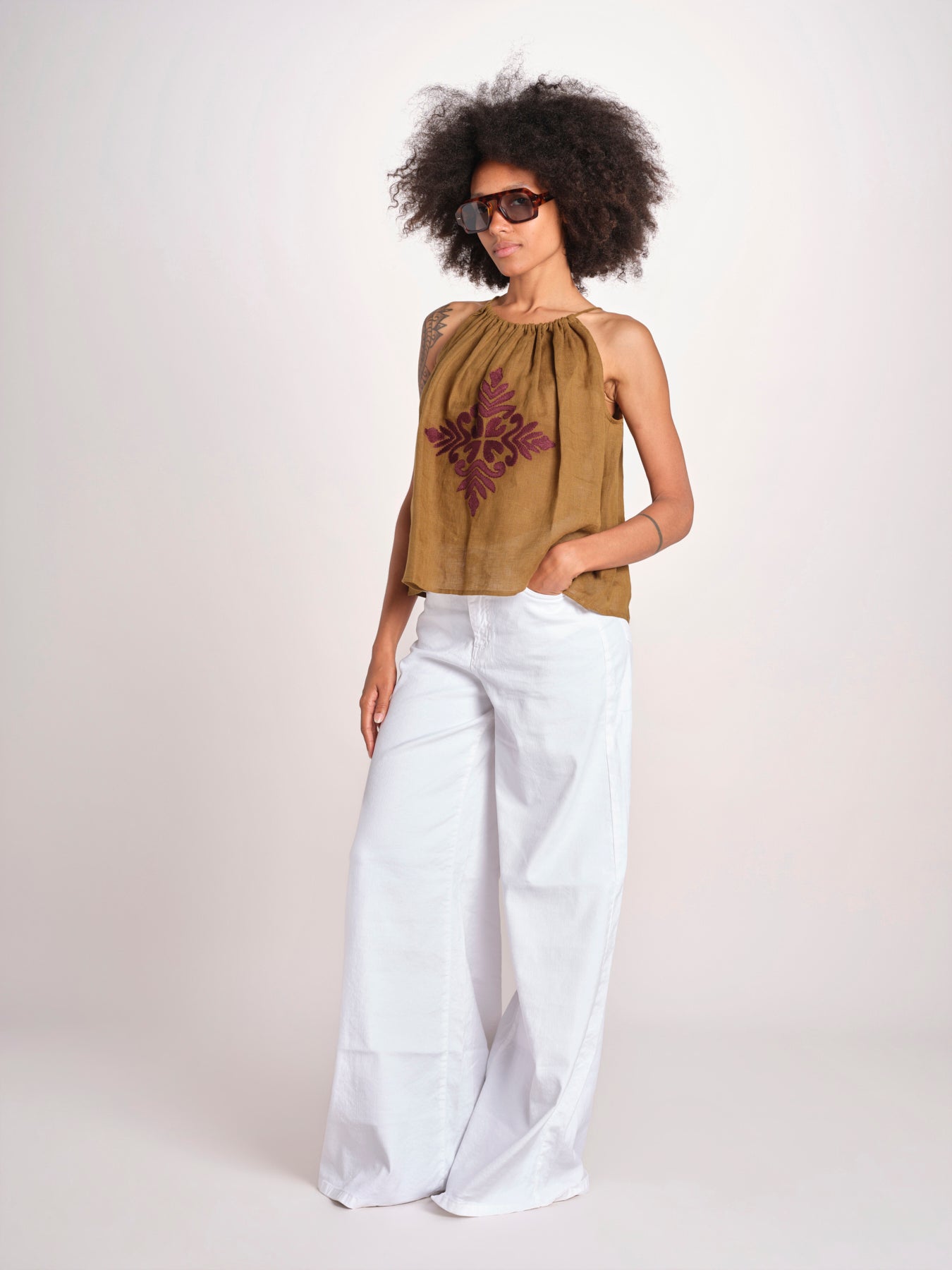 top ricamo greche BE25204 KHAKI WINE benaras soleil 