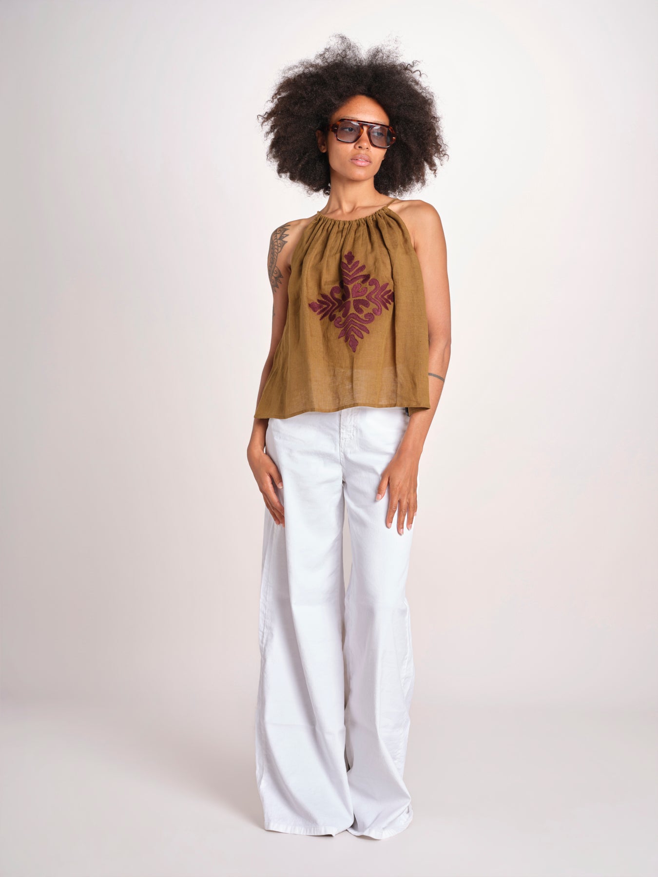 top ricamo greche BE25204 KHAKI WINE benaras soleil 