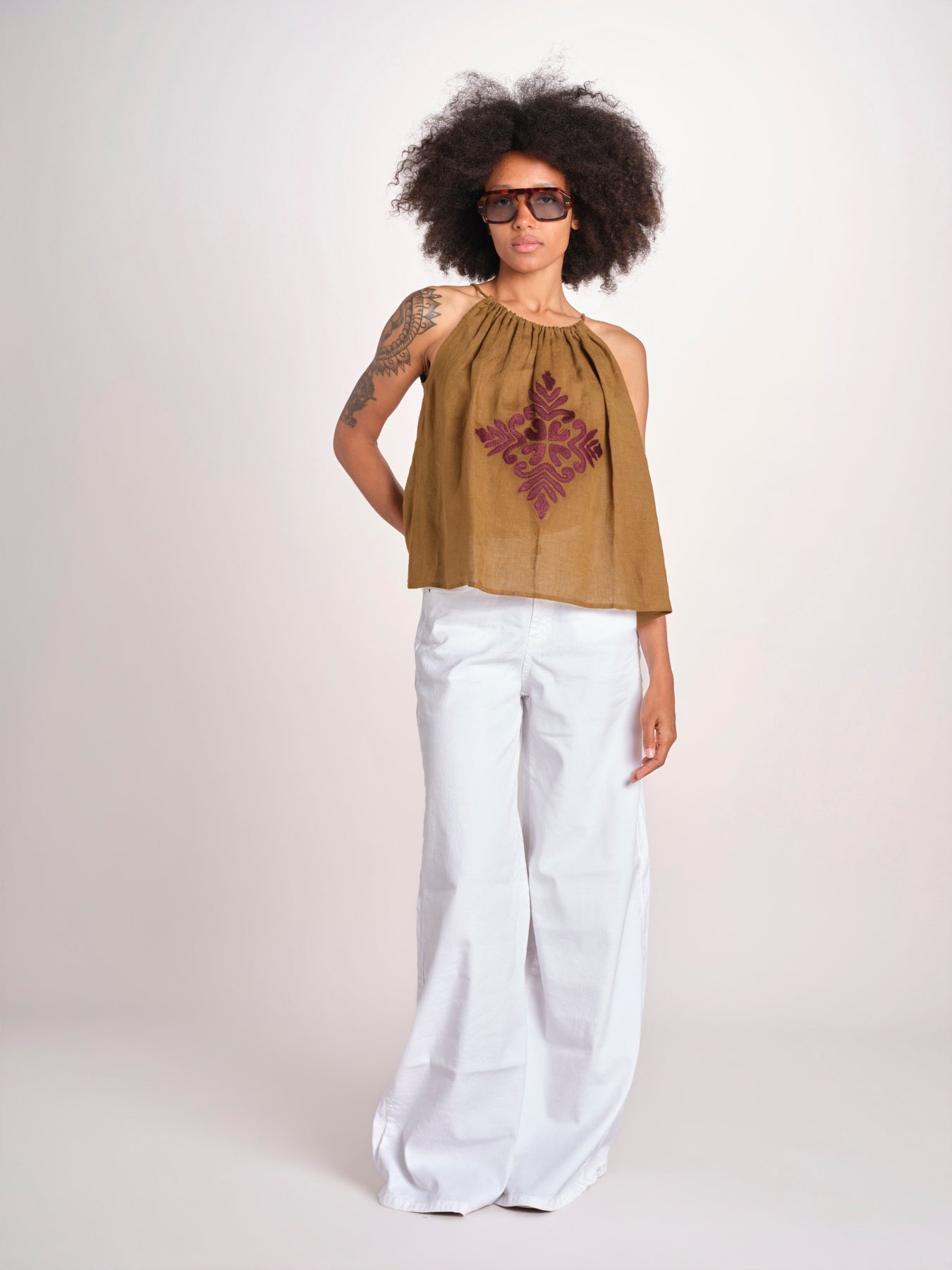 top ricamo greche BE25204 KHAKI WINE benaras soleil 