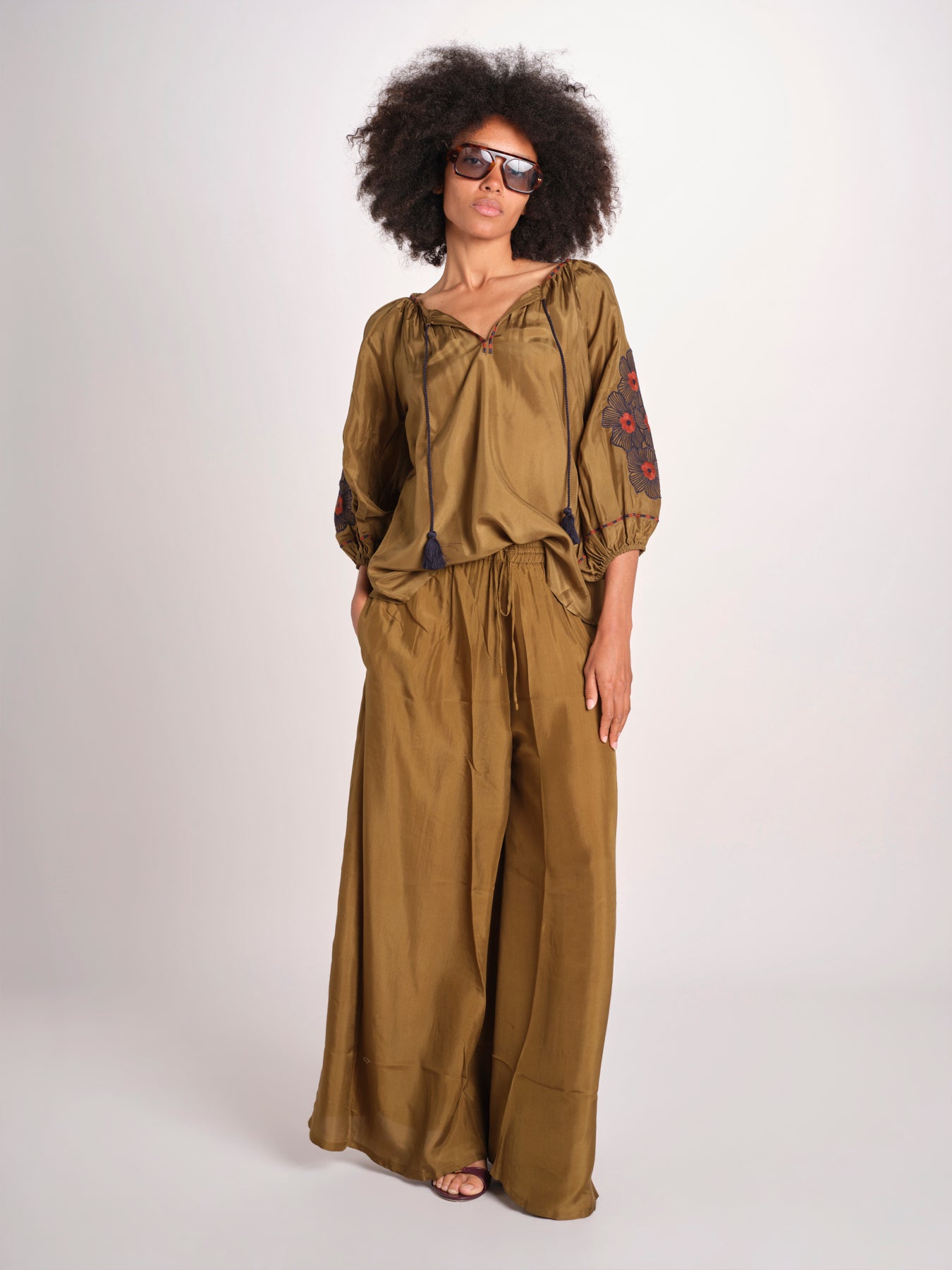 Pantalone in seta over BE25252 KHAKI benaras soleil 