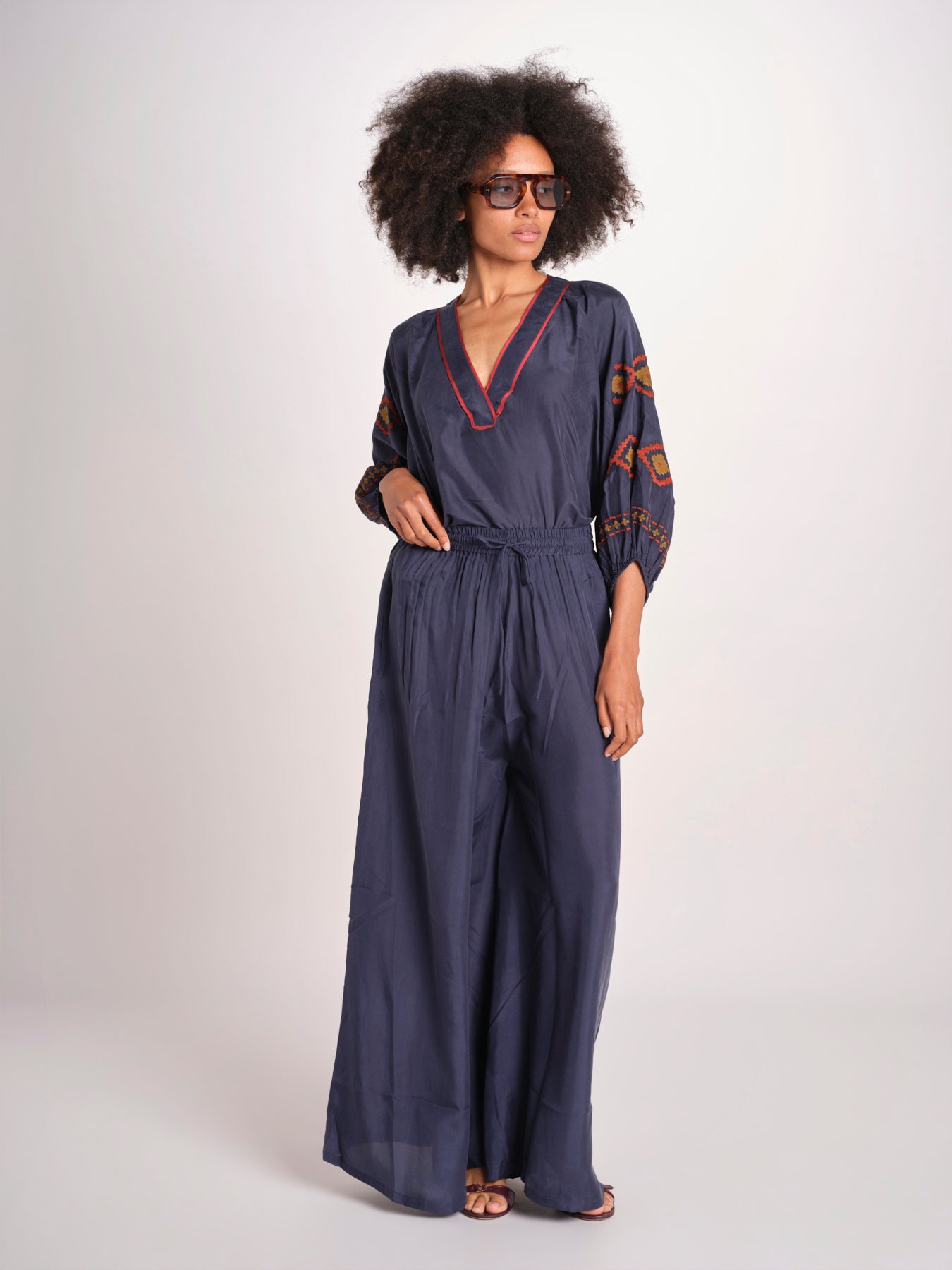 pantalone in seta over BE25252 NAVY benaras soleil 