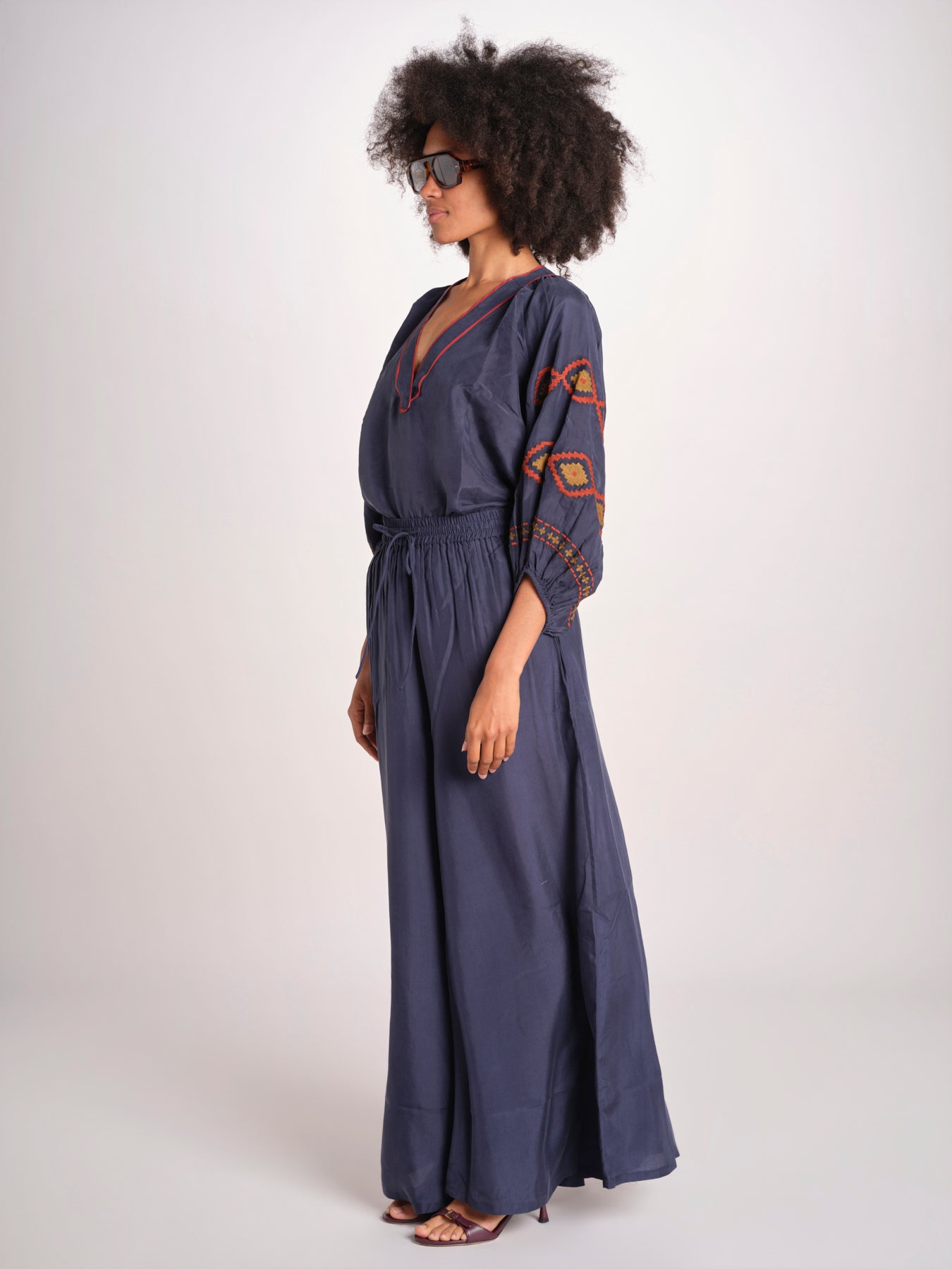 pantalone in seta over BE25252 NAVY benaras soleil 