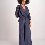 pantalone in seta over BE25252 NAVY benaras soleil 