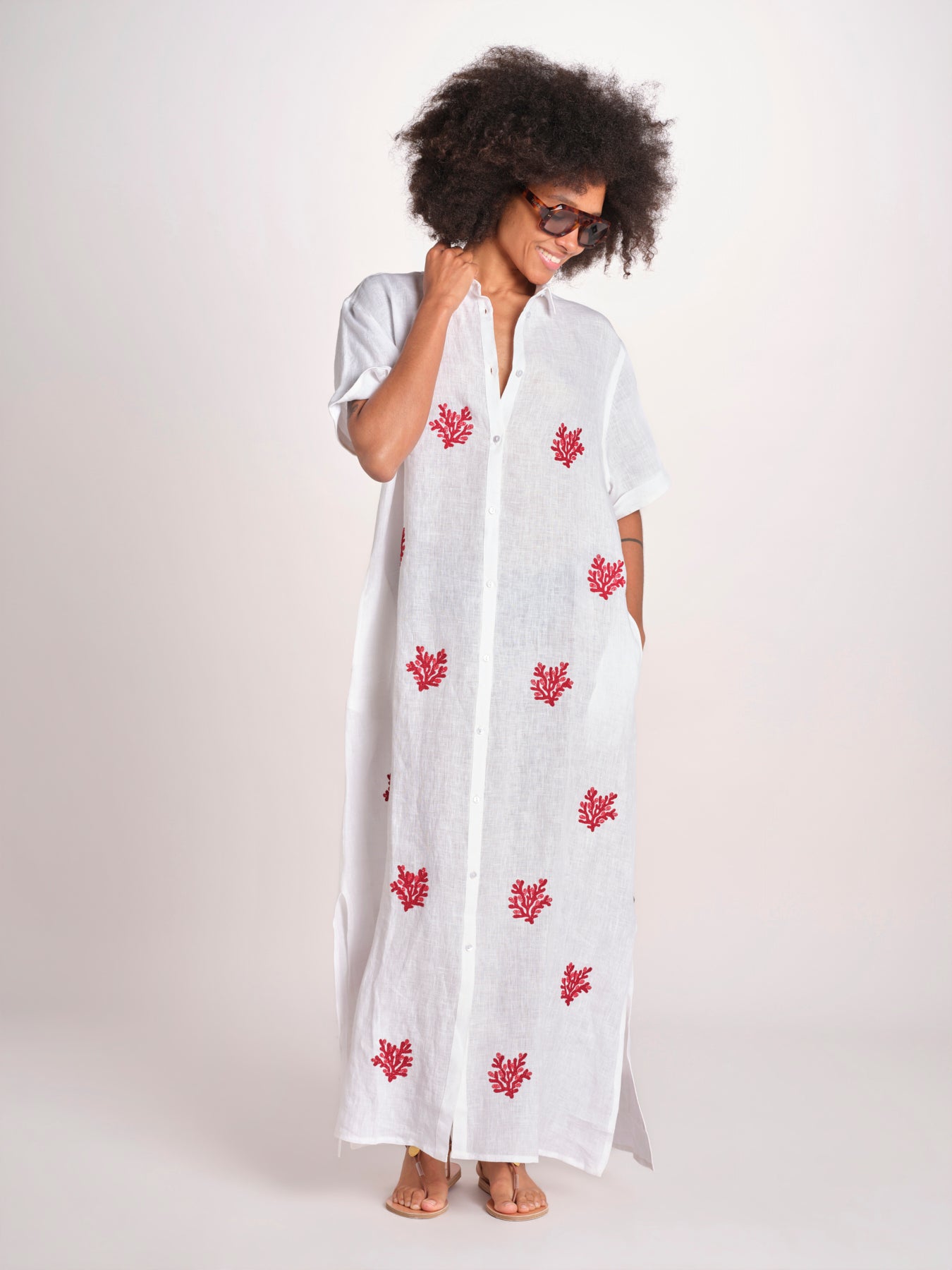 abito lungo con ricami coralli BE25254 WHITE RED benaras soleil 