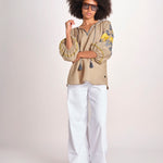 tunica ricamo fiorni BE25308 SAGE GREEN YELLO benaras soleil 