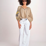 tunica ricamo fiorni BE25308 SAGE GREEN YELLO benaras soleil 