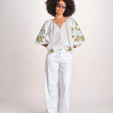 tunica ricamo fiori geometrici BE25308 WHITE LIGHT BLU benaras soleil 